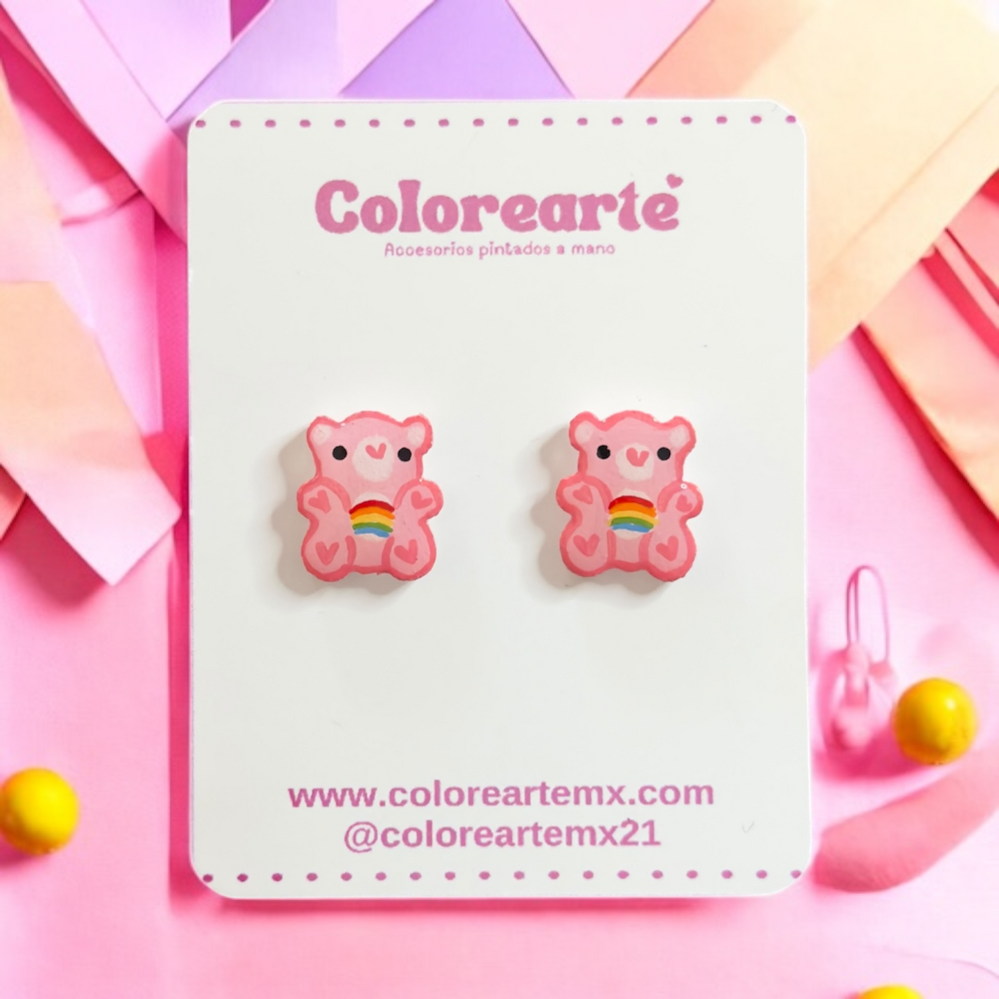 Aretes cortos - Osito rosa